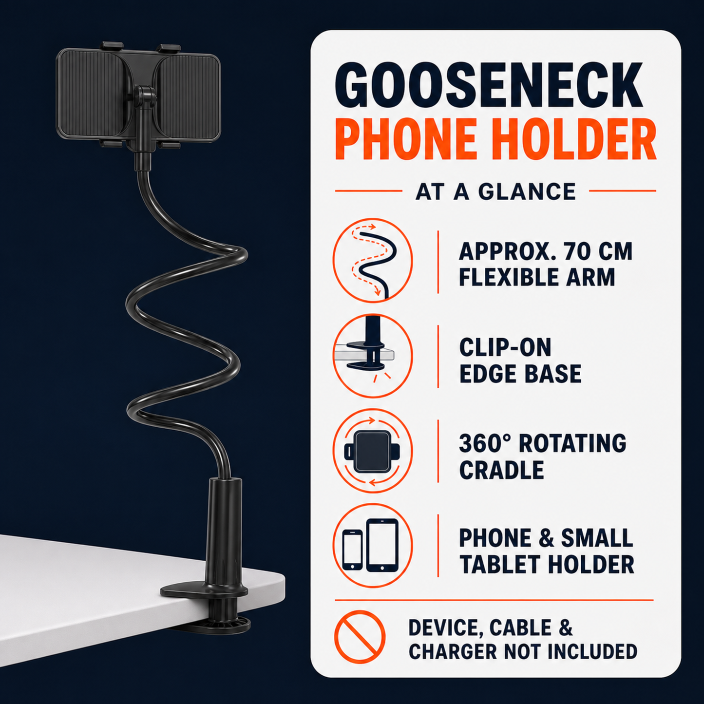 Gooseneck phone holder with approximately 70 cm arm and verified product facts