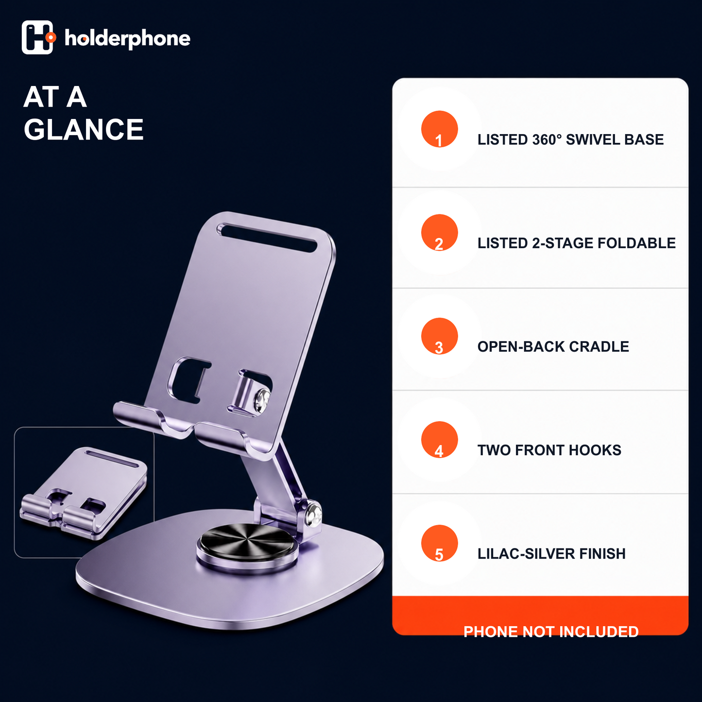 Rotating desk phone stand facts card with listed swivel base, two-stage fold, open cradle, hooks, and lilac finish