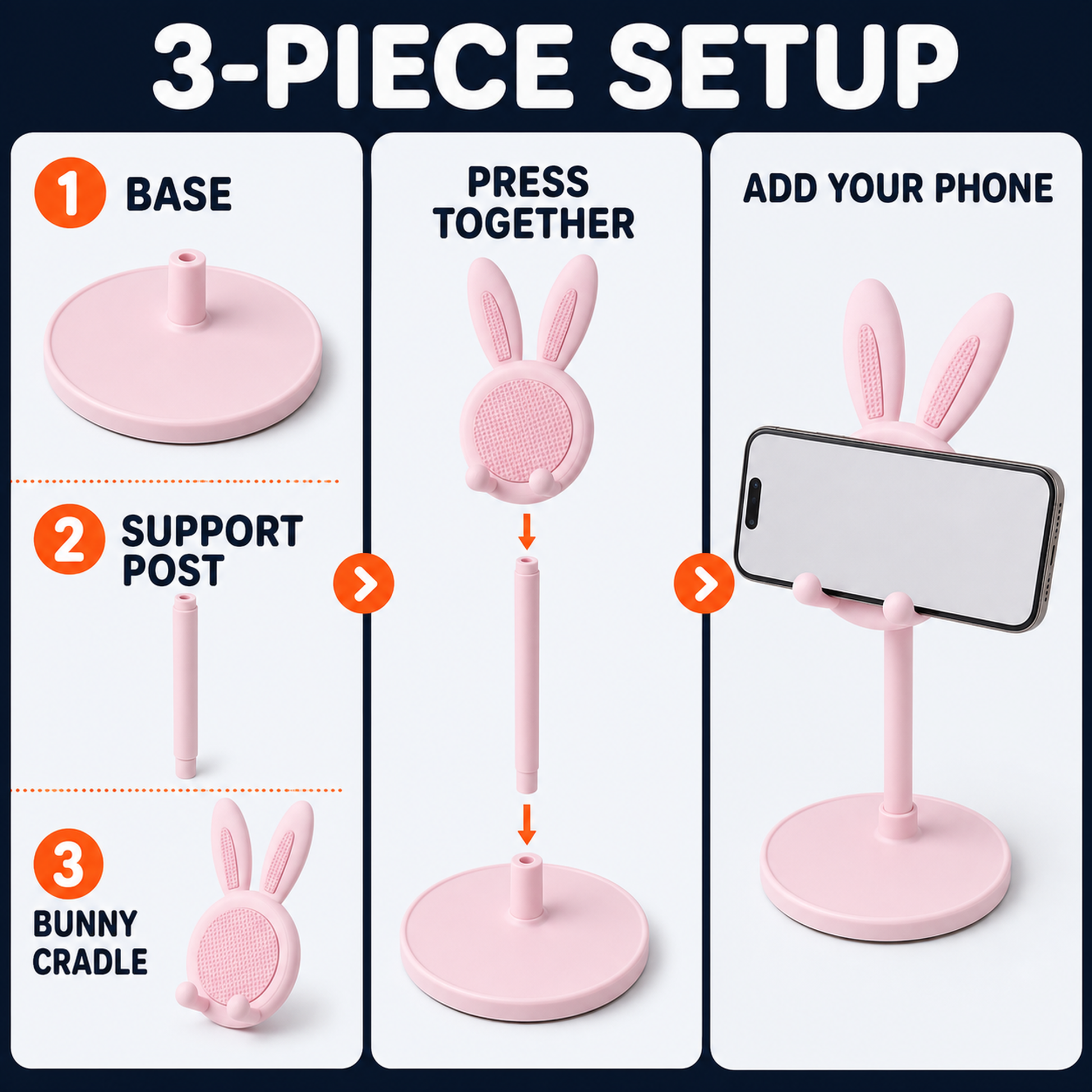 Three-piece adjustable desk phone holder setup with base, support post, and bunny cradle