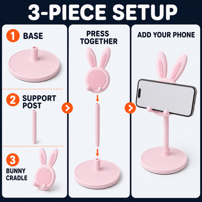 Three-piece adjustable desk phone holder setup with base, support post, and bunny cradle