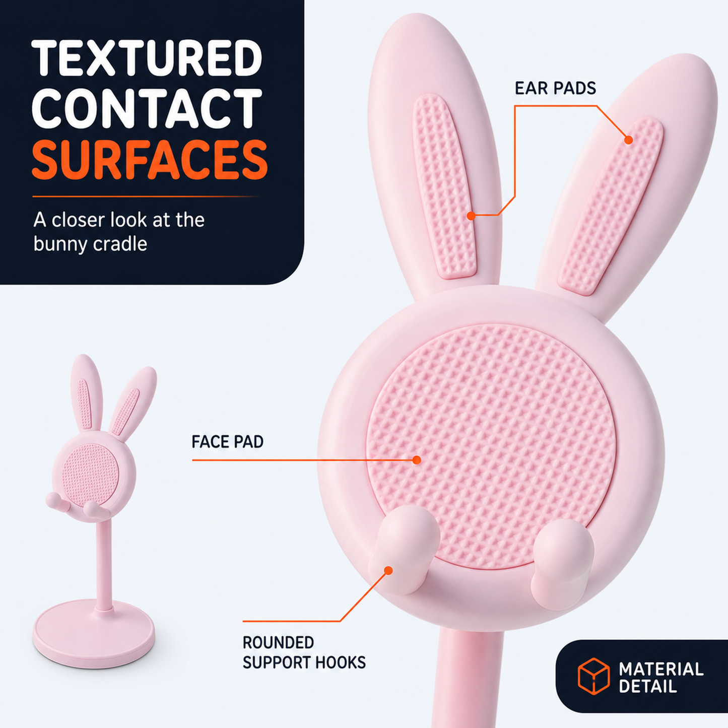 Pink bunny phone stand with textured contact pads and rounded support hooks