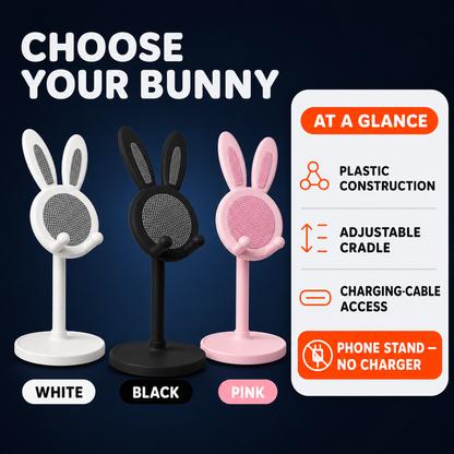 Cute bunny phone stand colors in white, black, and pink with verified product facts