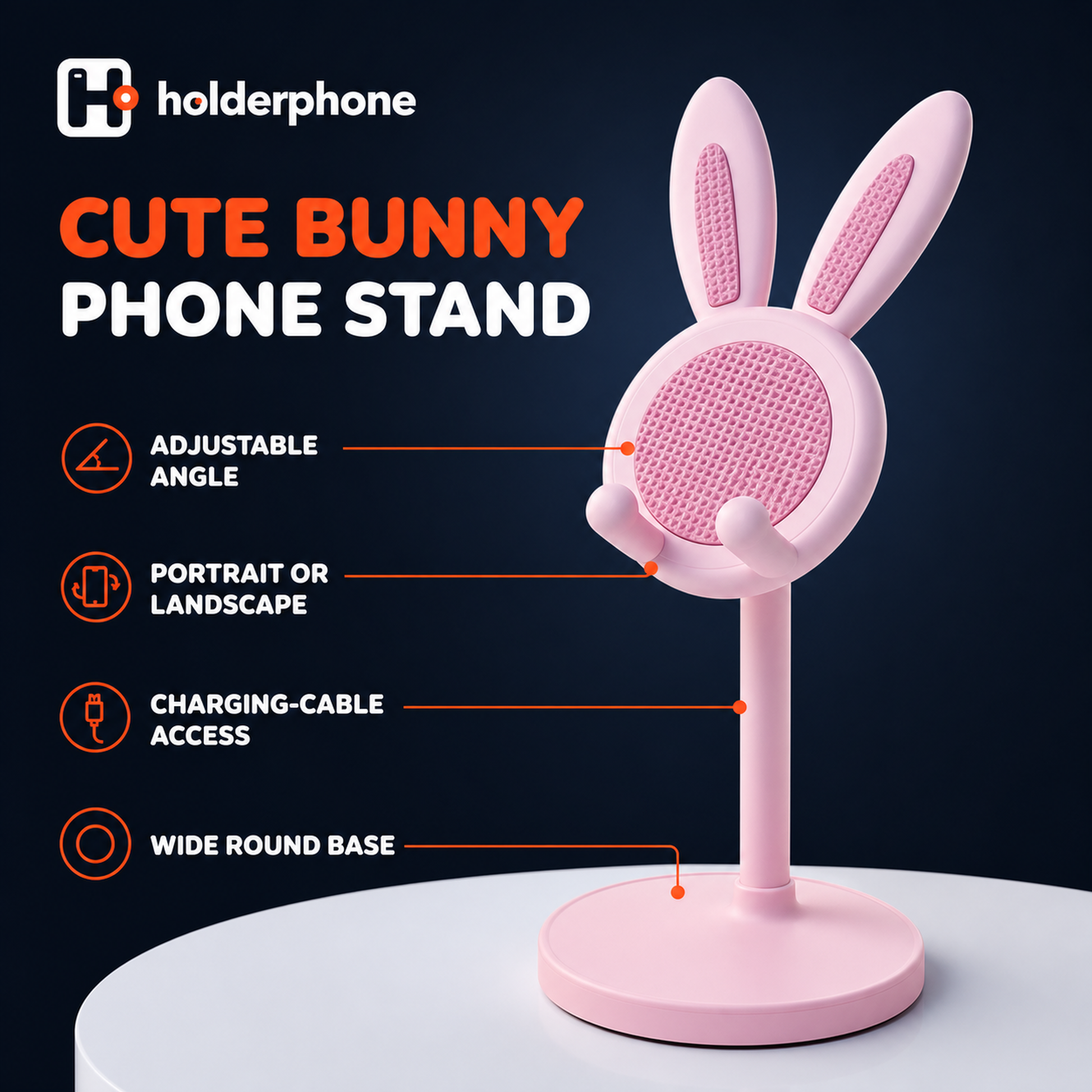 Holderphone cute bunny phone stand with adjustable angle, landscape viewing, charging access, and wide base