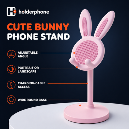 Holderphone cute bunny phone stand with adjustable angle, landscape viewing, charging access, and wide base