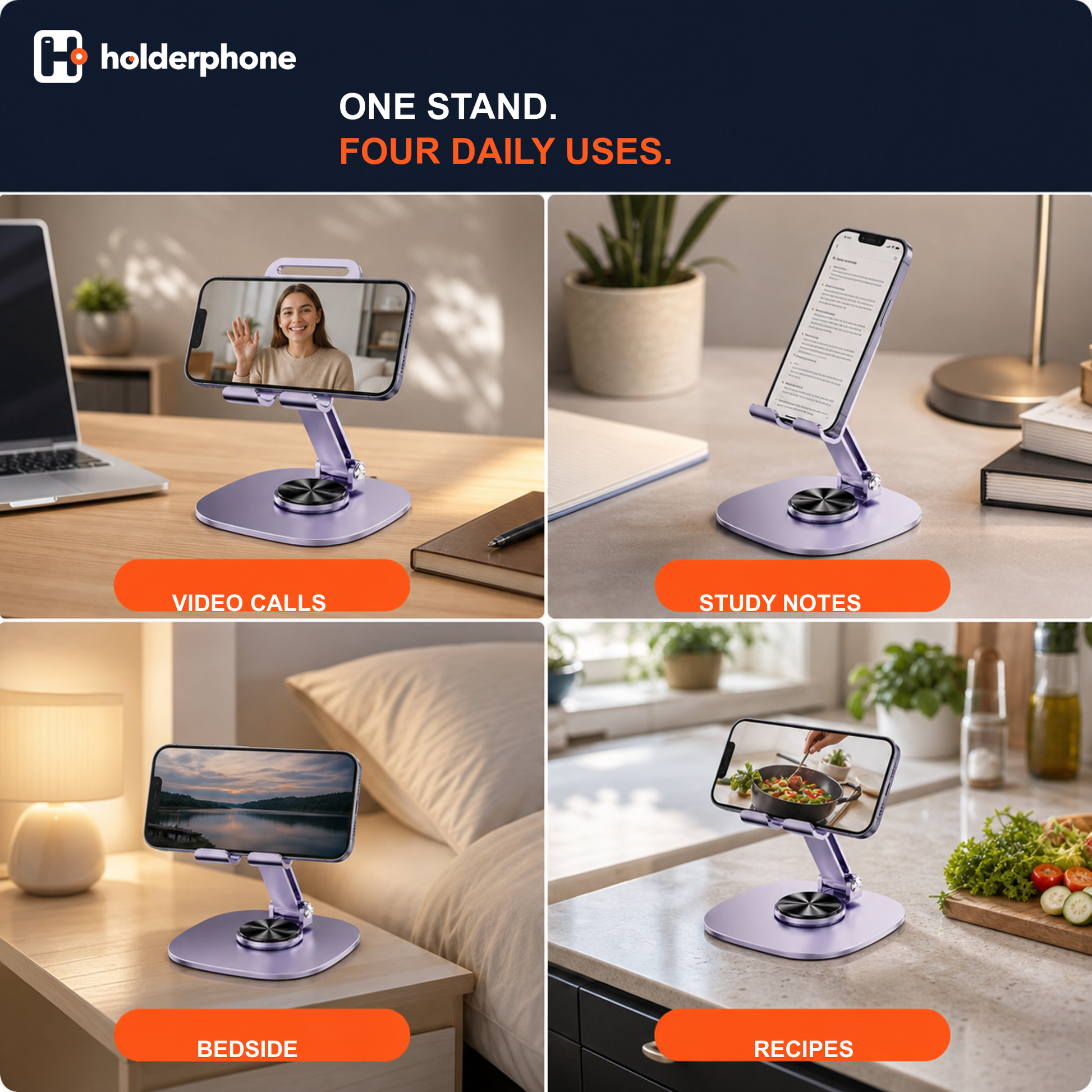 Adjustable rotating phone stand used for video calls, study notes, bedside viewing, and recipes