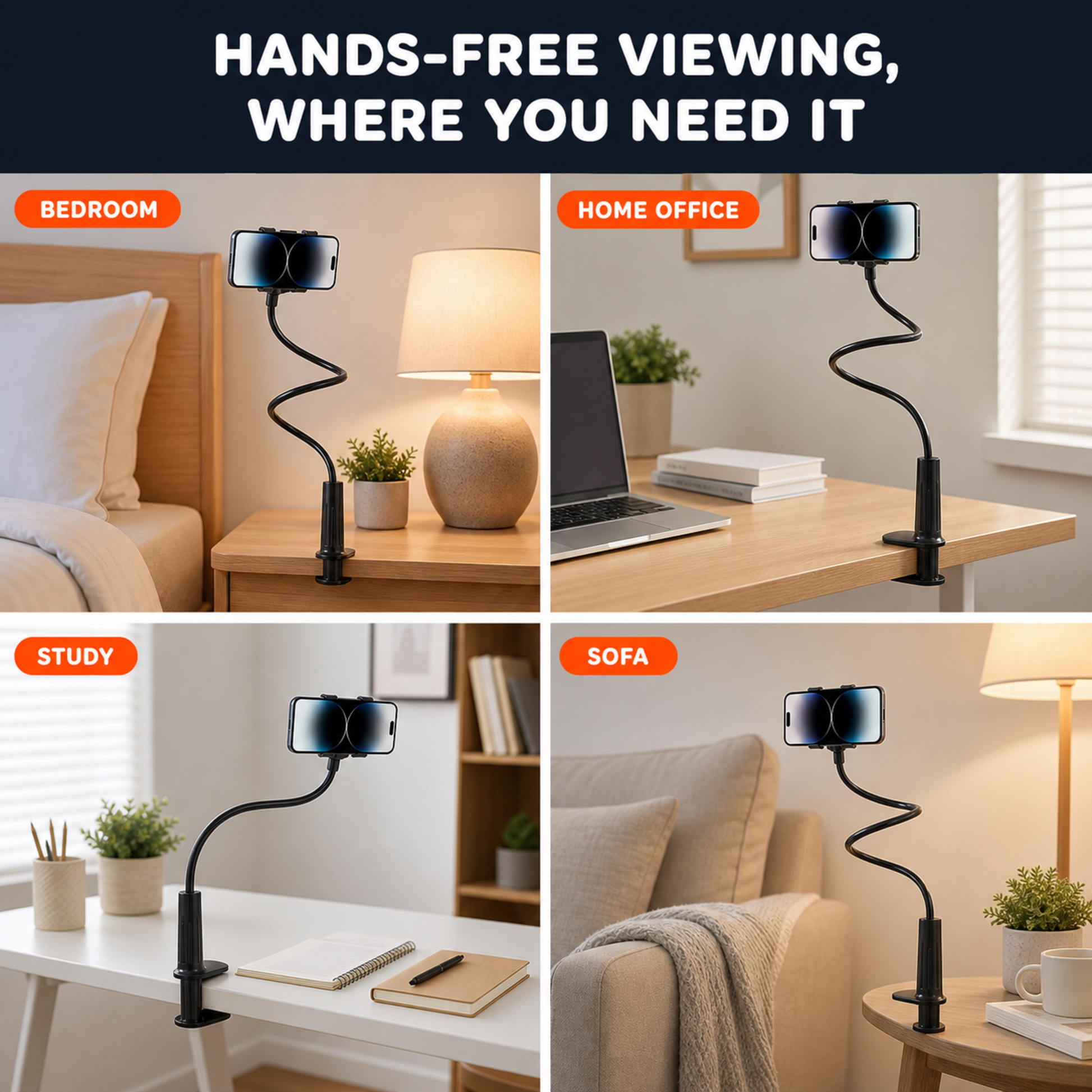 Flexible phone holder for bedroom, home office, study, and sofa use
