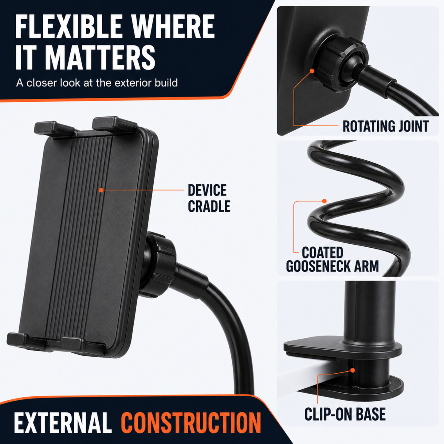 Black flexible phone holder showing device cradle, rotating joint, coated gooseneck arm, and clip-on base
