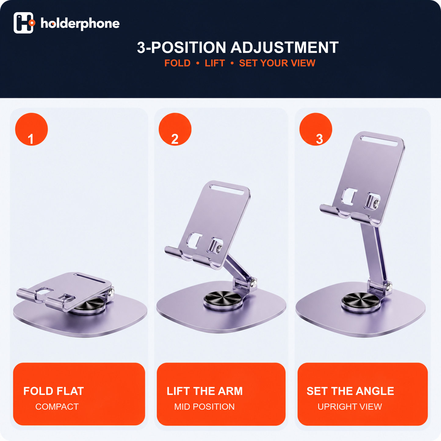 Foldable phone stand shown folded low, with the arm lifted, and at an upright viewing angle