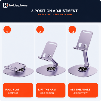 Foldable phone stand shown folded low, with the arm lifted, and at an upright viewing angle