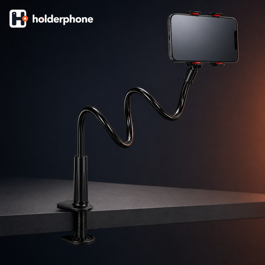 Holderphone gooseneck phone holder for desk with a threaded screw clamp and red grip pads