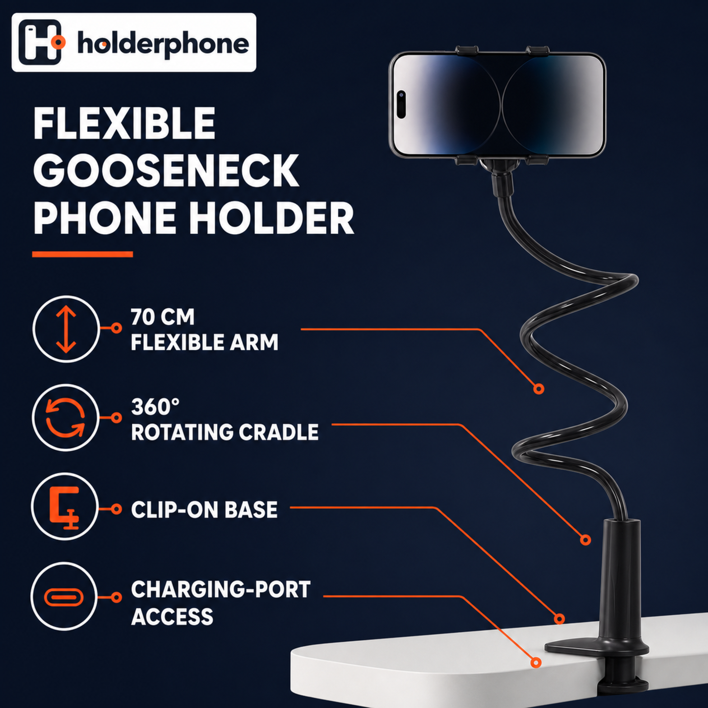Holderphone gooseneck phone holder with 70 cm flexible arm, rotating cradle, clip-on base, and charging access