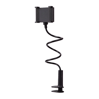 Black gooseneck phone holder for bed and desk on a pure white background