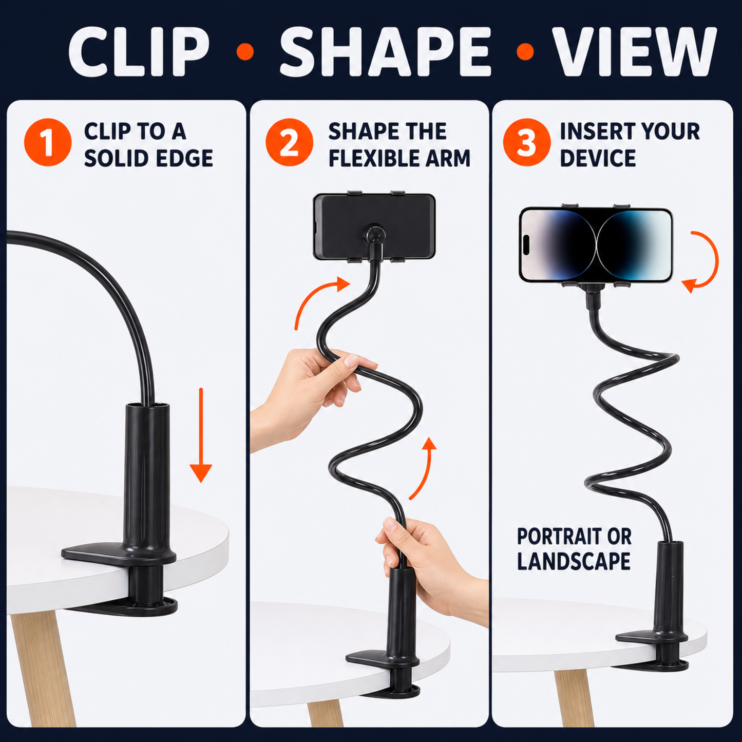 Gooseneck phone holder setup showing clip, shape, and device placement steps