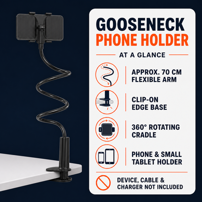 Gooseneck phone holder with approximately 70 cm arm and verified product facts