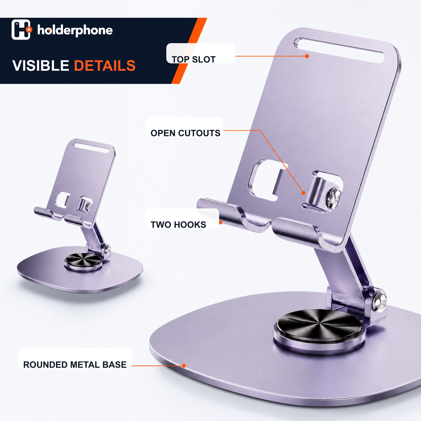 Pale lilac phone stand exterior showing top slot, open cutouts, two front hooks, and rounded metal base