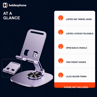 Rotating desk phone stand facts card with listed swivel base, two-stage fold, open cradle, hooks, and lilac finish