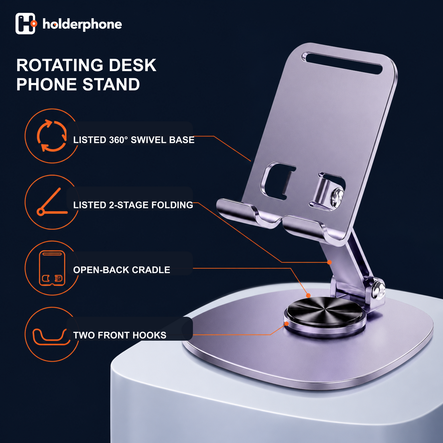 Rotating phone stand for desk with listed 360 degree swivel base, two-stage folding support, and open-back cradle