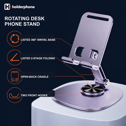 Rotating phone stand for desk with listed 360 degree swivel base, two-stage folding support, and open-back cradle