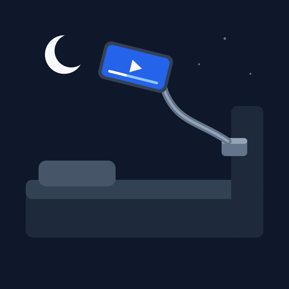 PIVORA gooseneck arm clamped to a headboard holding a phone above a bed at night