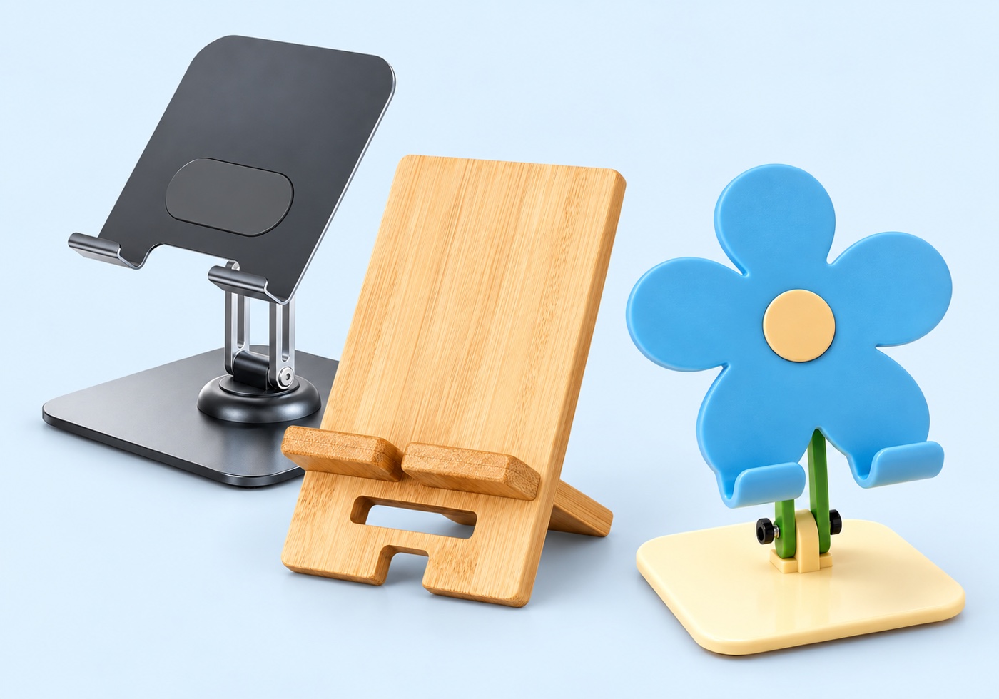 Rotating foldable desk stand, bamboo desk phone stand and blue flower acrylic stand grouped on a pale blue surface, composite render