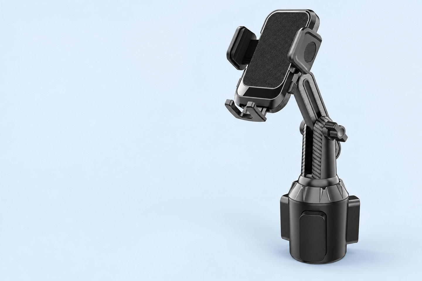 Adjustable cup holder phone mount with a hinged arm, composite render on a steel-blue background