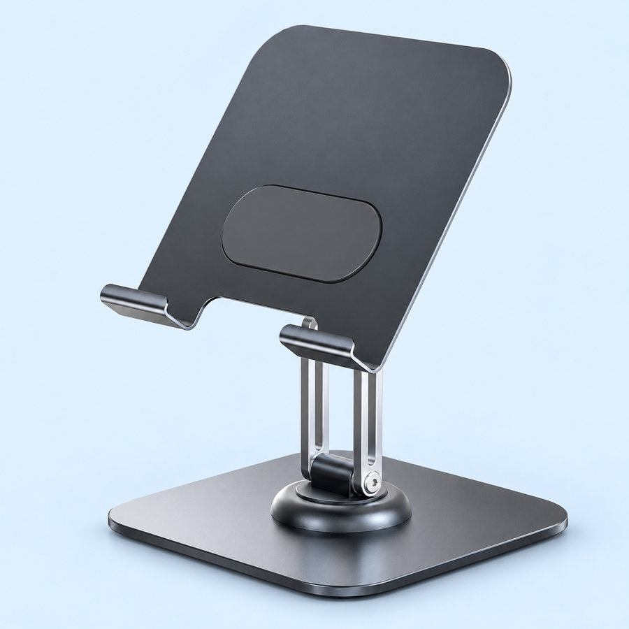 Rotating foldable desk phone stand, composite render on a steel-blue background