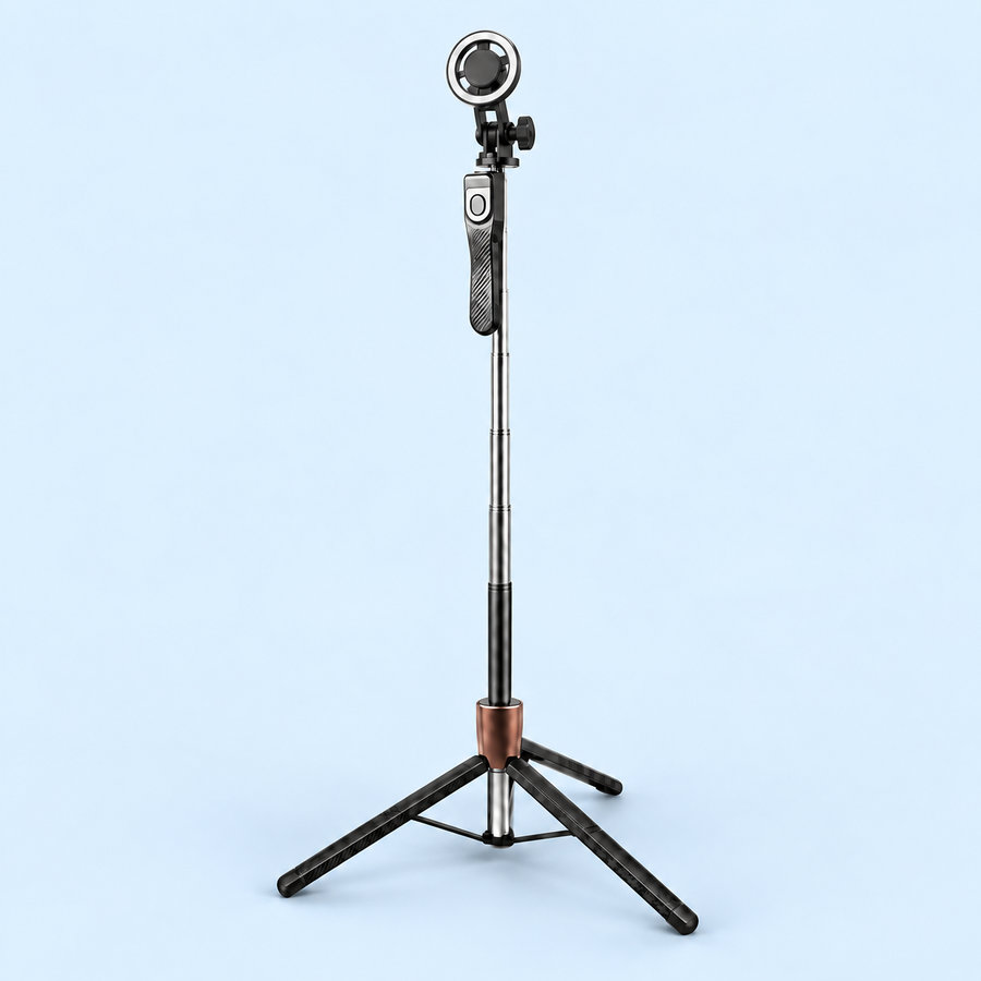 Telescopic magnetic phone tripod, composite render on a steel-blue background