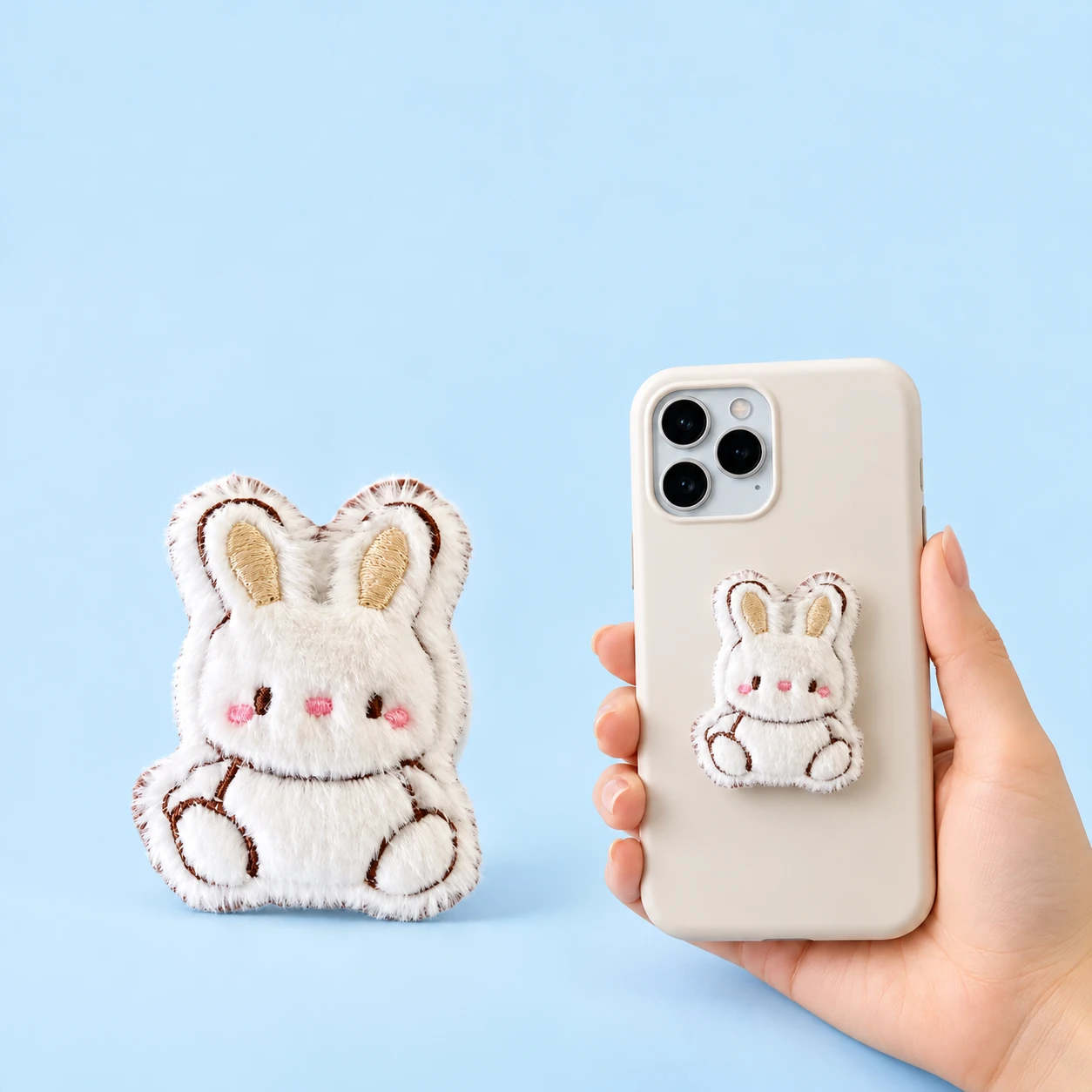 White embroidered seated rabbit plush phone grip shown complete and closed on a hand-held phone case, square composition
