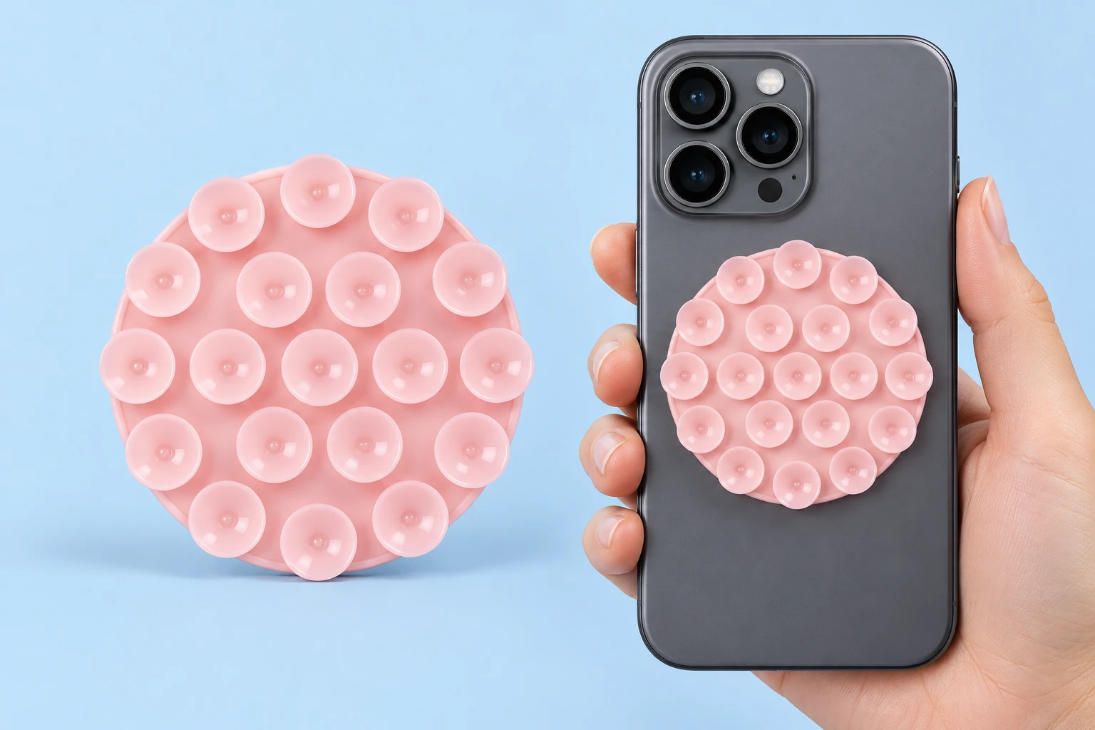 Pale pink round nineteen-cup suction phone pad, shown alone and flat on a phone back