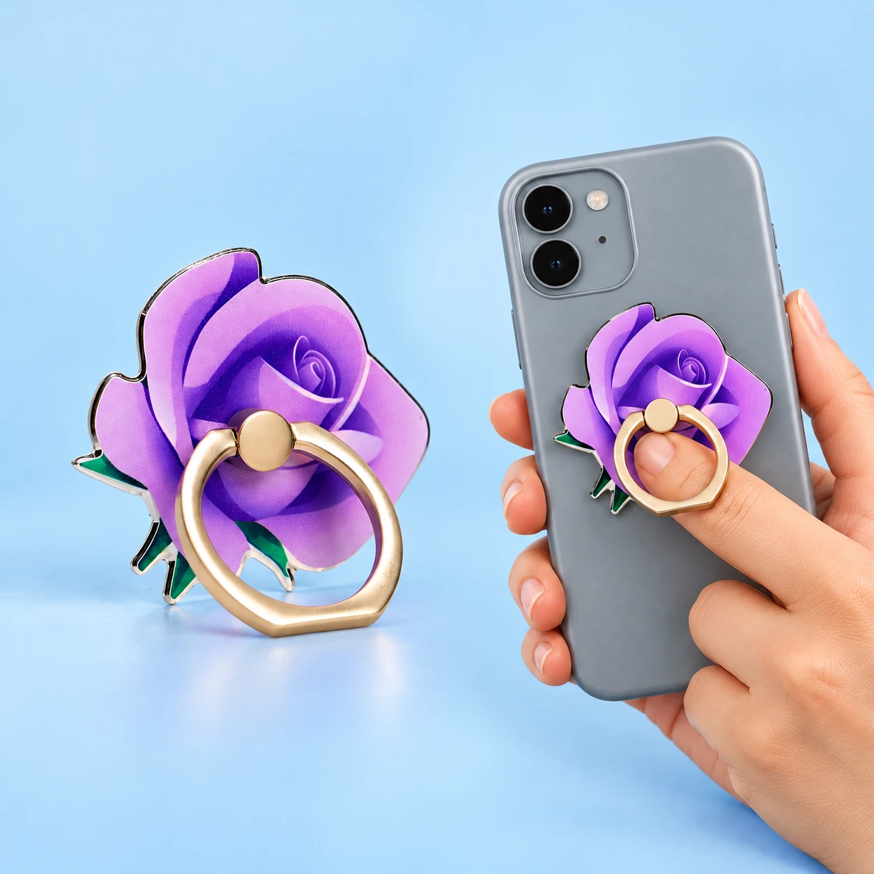 Purple printed rose-bud phone ring holder and intended finger-loop use illustration, square composition