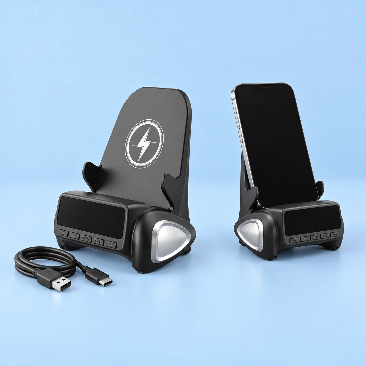 Black Clock-Base Wireless Charging Phone Stand with Cable