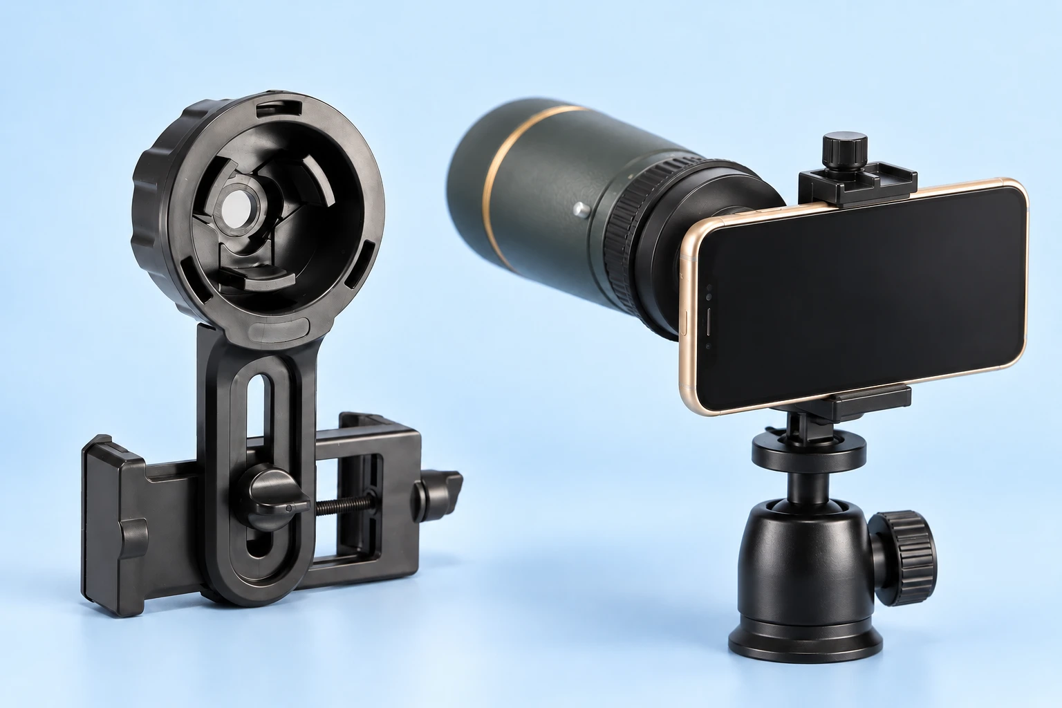 Complete empty black screw-carriage optical phone adapter at left, with the same original phone jaws retaining a landscape demonstration phone at an optical eyepiece in a supported stationary setup at right on pale blue. Phone, optical instrument and support are not included.