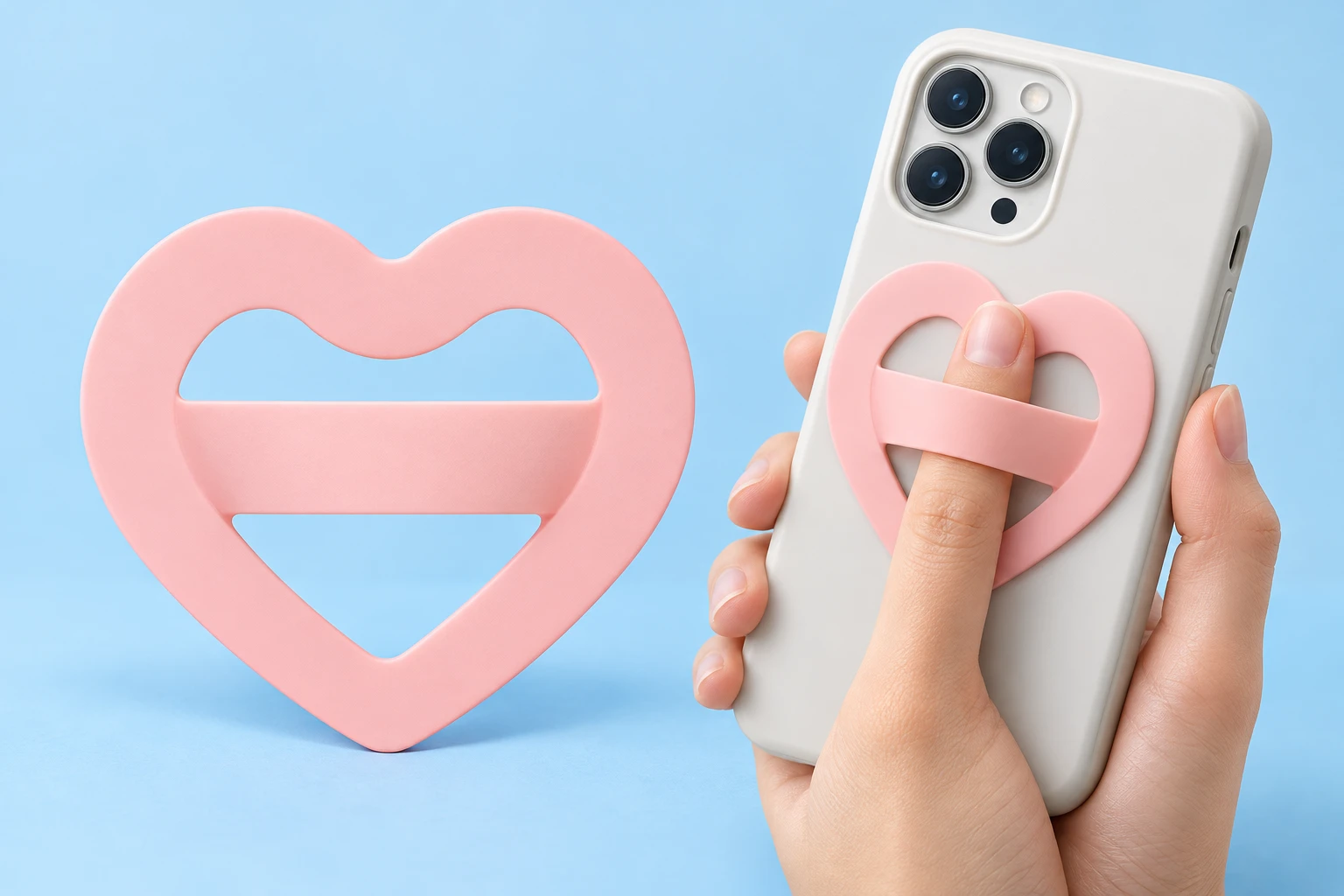 Pastel pink heart-frame silicone phone grip with flexible center band, shown alone and in finger-grip use