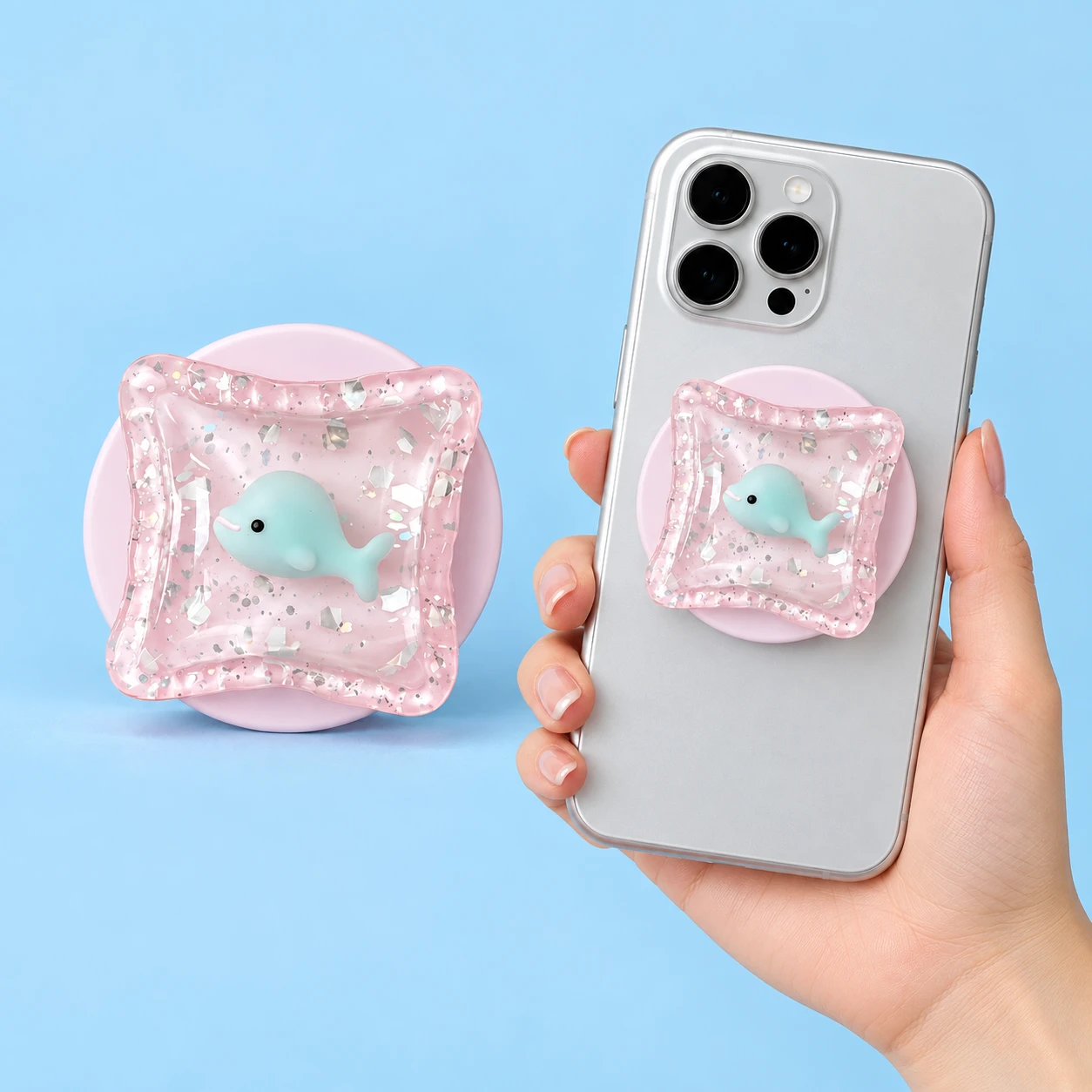 Pale Pink Dolphin Cushion Magnetic Expandable Phone Grip shown alone and in illustrative phone use, square composition