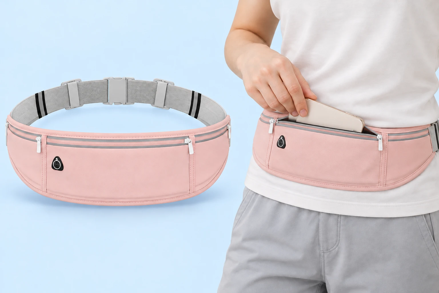 Pastel pink sewn-panel three-pocket phone belt shown complete and worn with a phone partly inserted