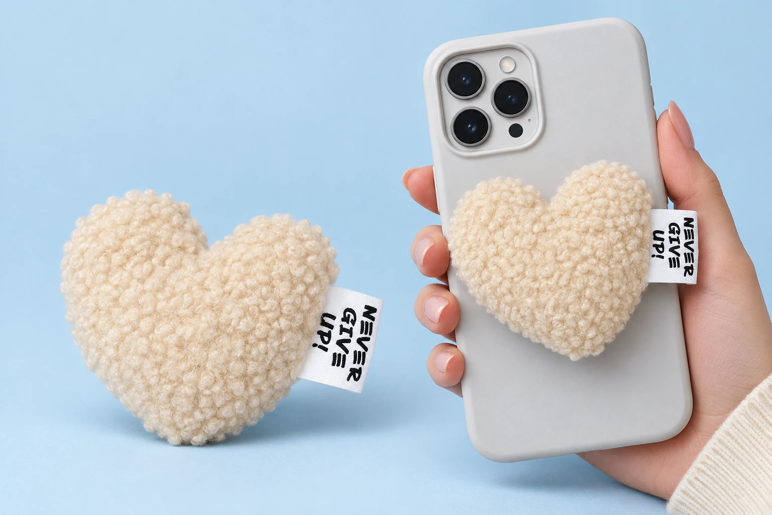 Cream curly-plush heart phone grip with original side label and illustrative closed phone placement
