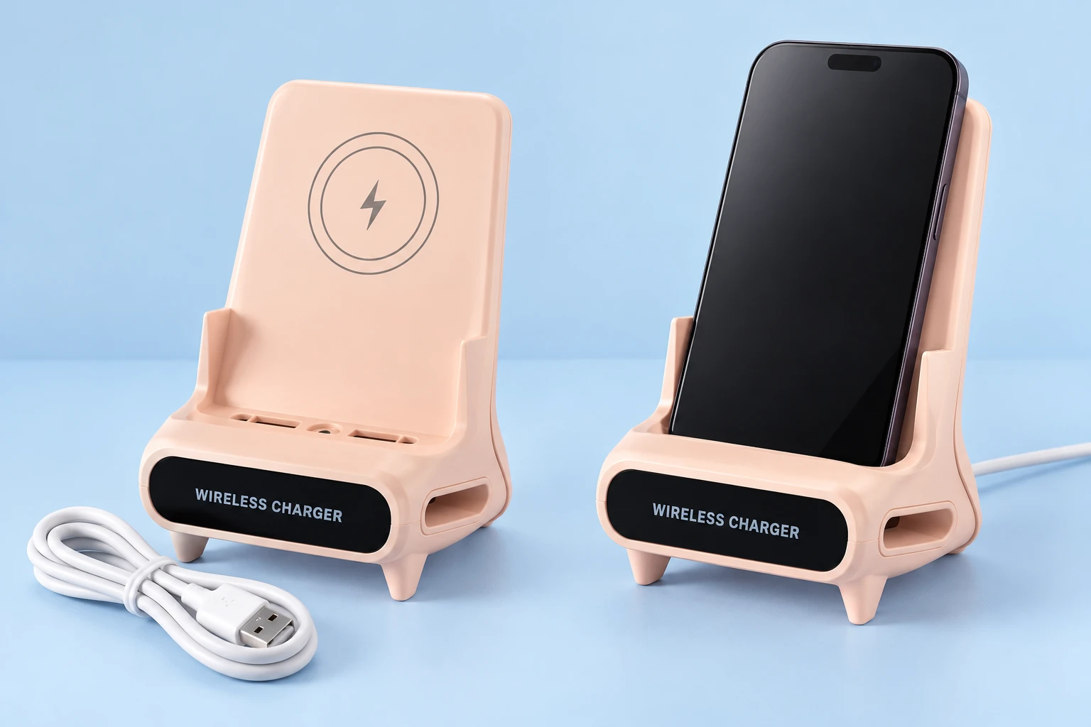 Peach-pink F180 chair-style wireless charging phone stand with supplied white cable on pale blue; complete empty product at left and illustrative portrait-phone use at right. Phone not included.
