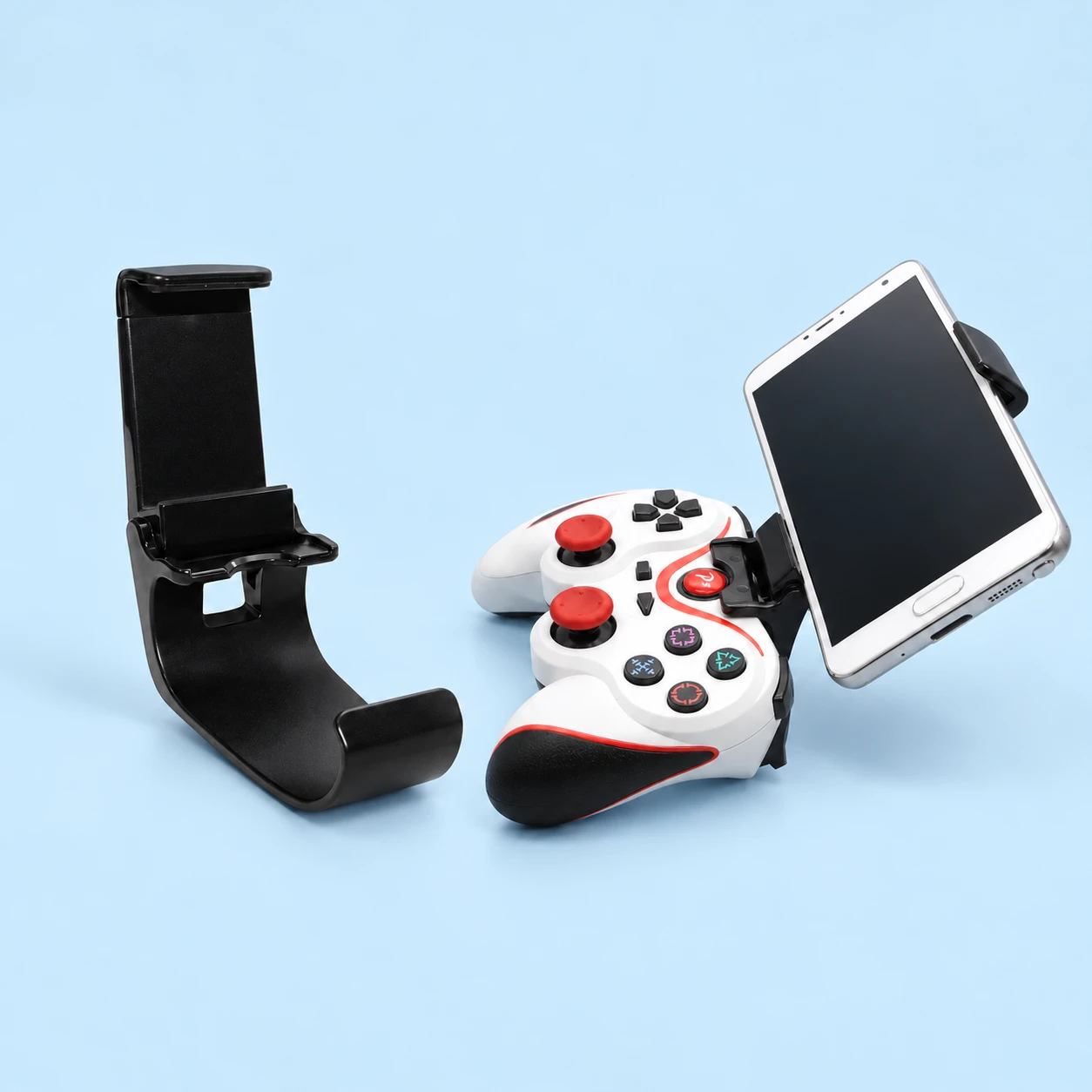 Black Controller Phone Clip with Smooth Rectangular-Window Saddle; product and illustrative use on pale blue. Phone and scene props excluded., square composition