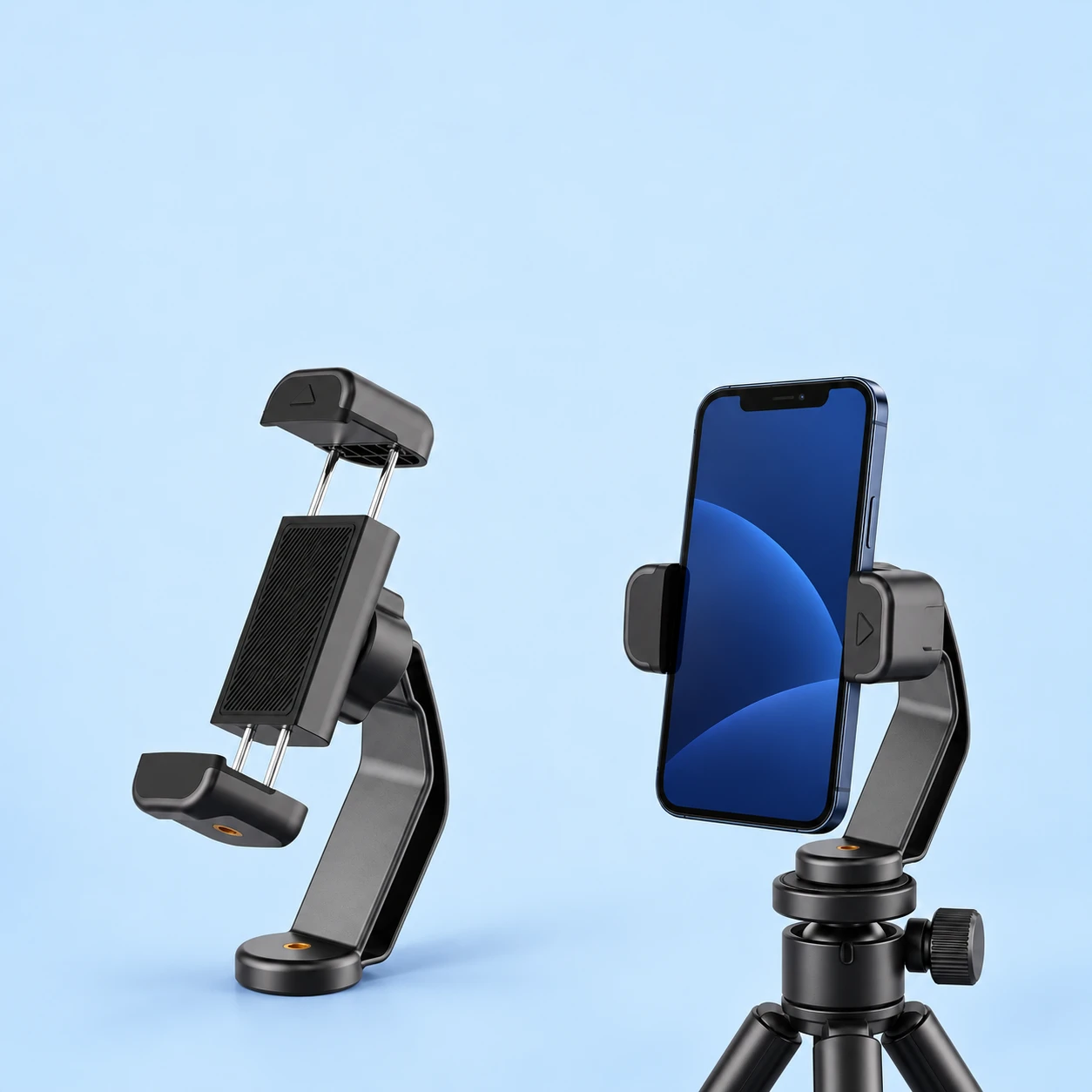 Black ZC-81 Swept-Leg Photography Phone Clamp; product and illustrative use on pale blue. Phone and scene props excluded., square composition