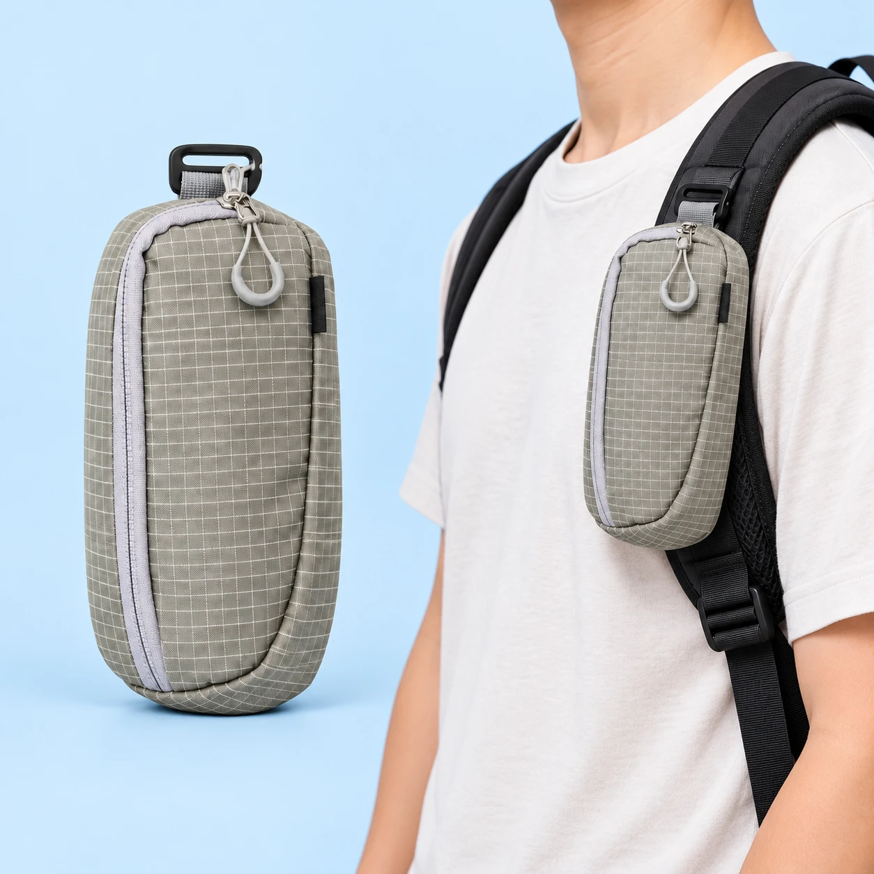Gray U-Zip Shoulder-Strap Phone Pouch; product and illustrative use on pale blue. Phone and scene props excluded., square composition