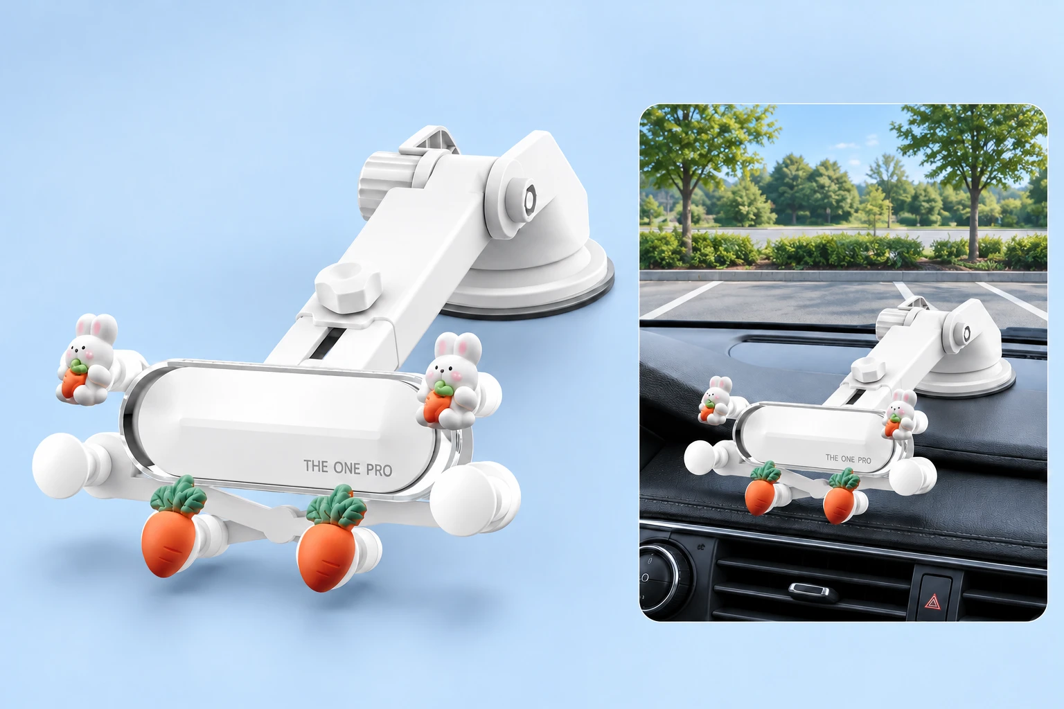 White carrot-bunny long-arm dashboard phone holder shown complete and installed empty on a dashboard
