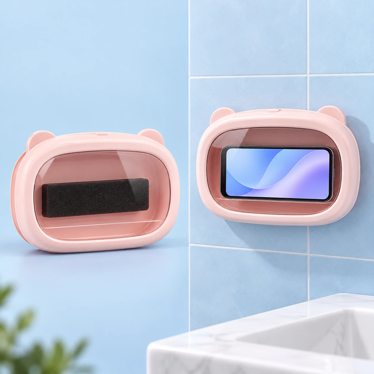 Pink Bear-Ear Wall-Mounted Shower Phone Box on a pale-blue background, product left and actual use right