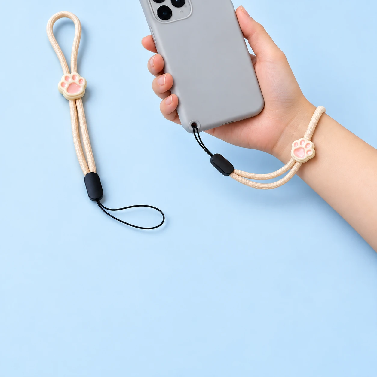 Cream Cord Pink-Paw Adjustable Phone Wrist Lanyard