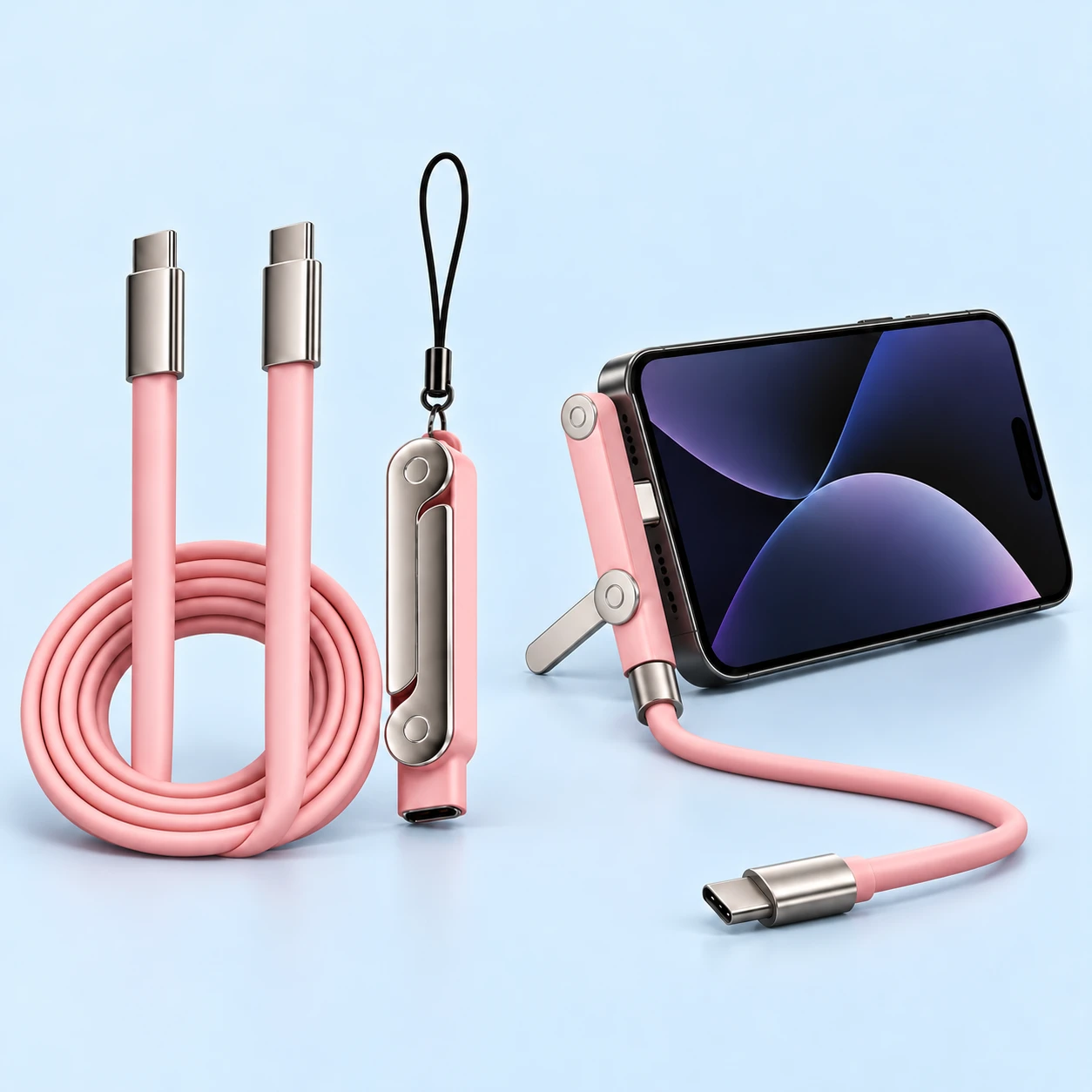 Pastel Pink Detachable Folding Phone Stand with USB-C Cable