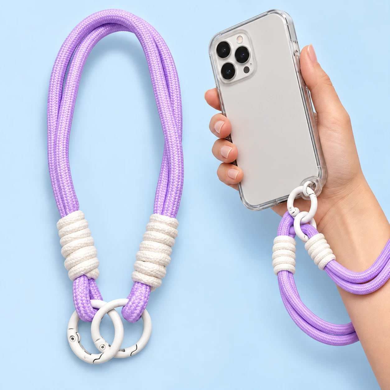 Lilac paired-cord phone wrist strap with two white wrapped ends and two original white gates, shown complete and in intended compatible-case use.