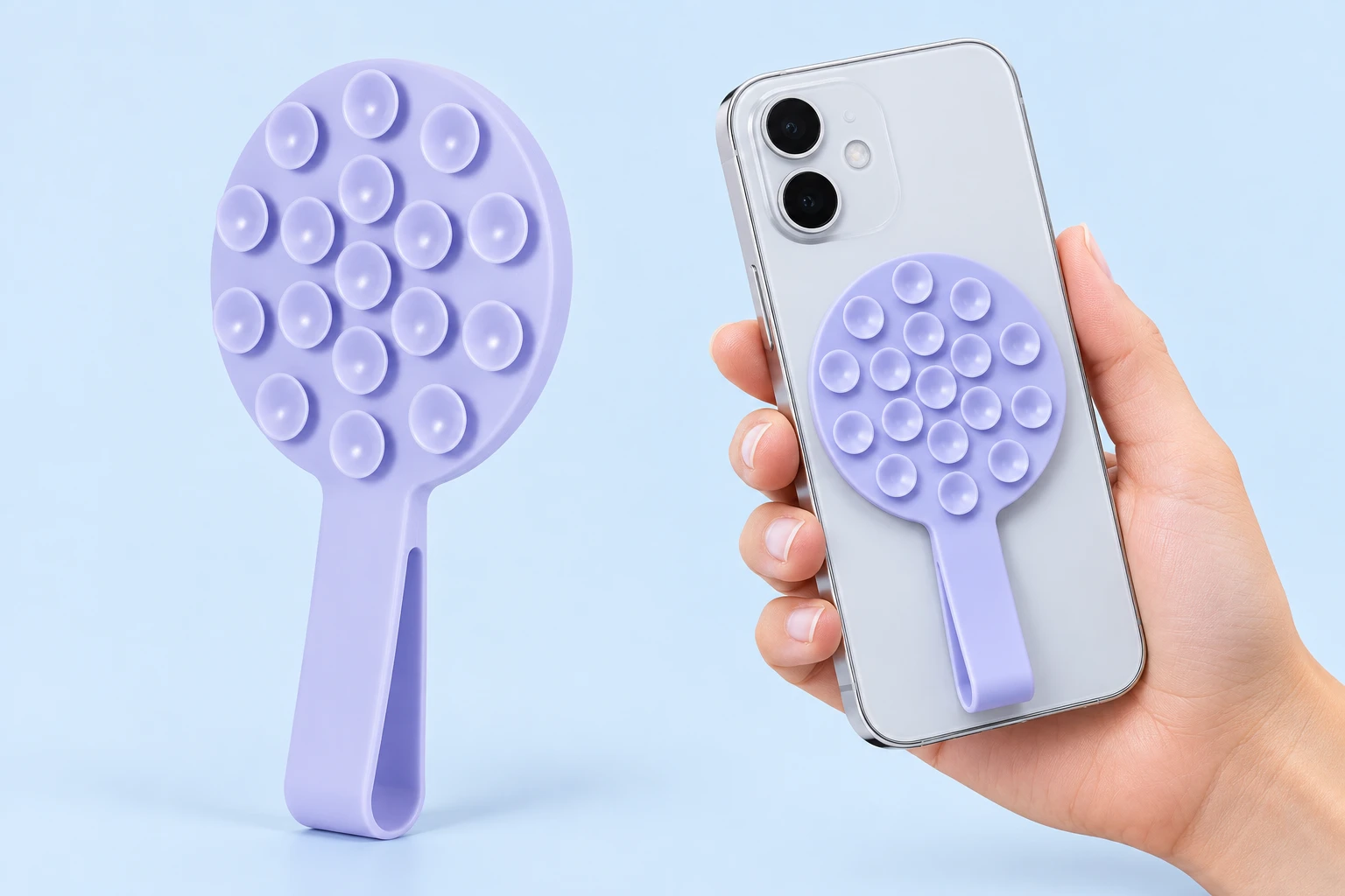Lilac round magnetic suction phone pad with integral loop, shown flat on a phone
