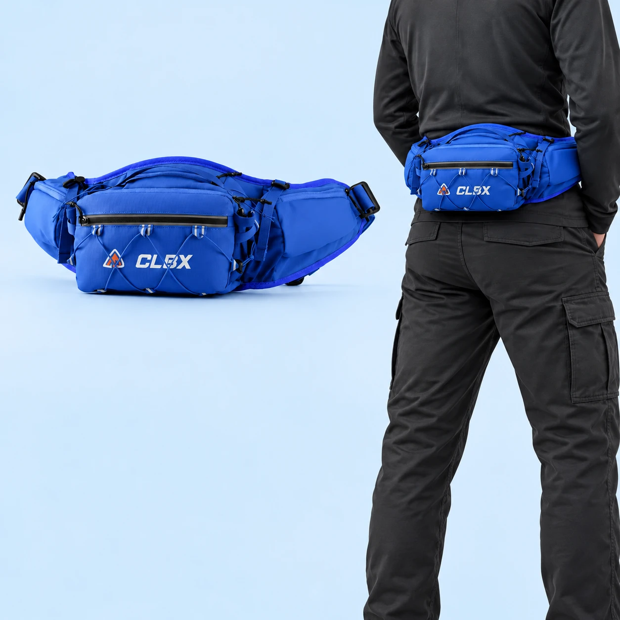 Complete blue mini phone waist pack with bungee-laced front pocket, top handle and zippered hip wings, alongside closed stationary waist carry on pale blue., square composition