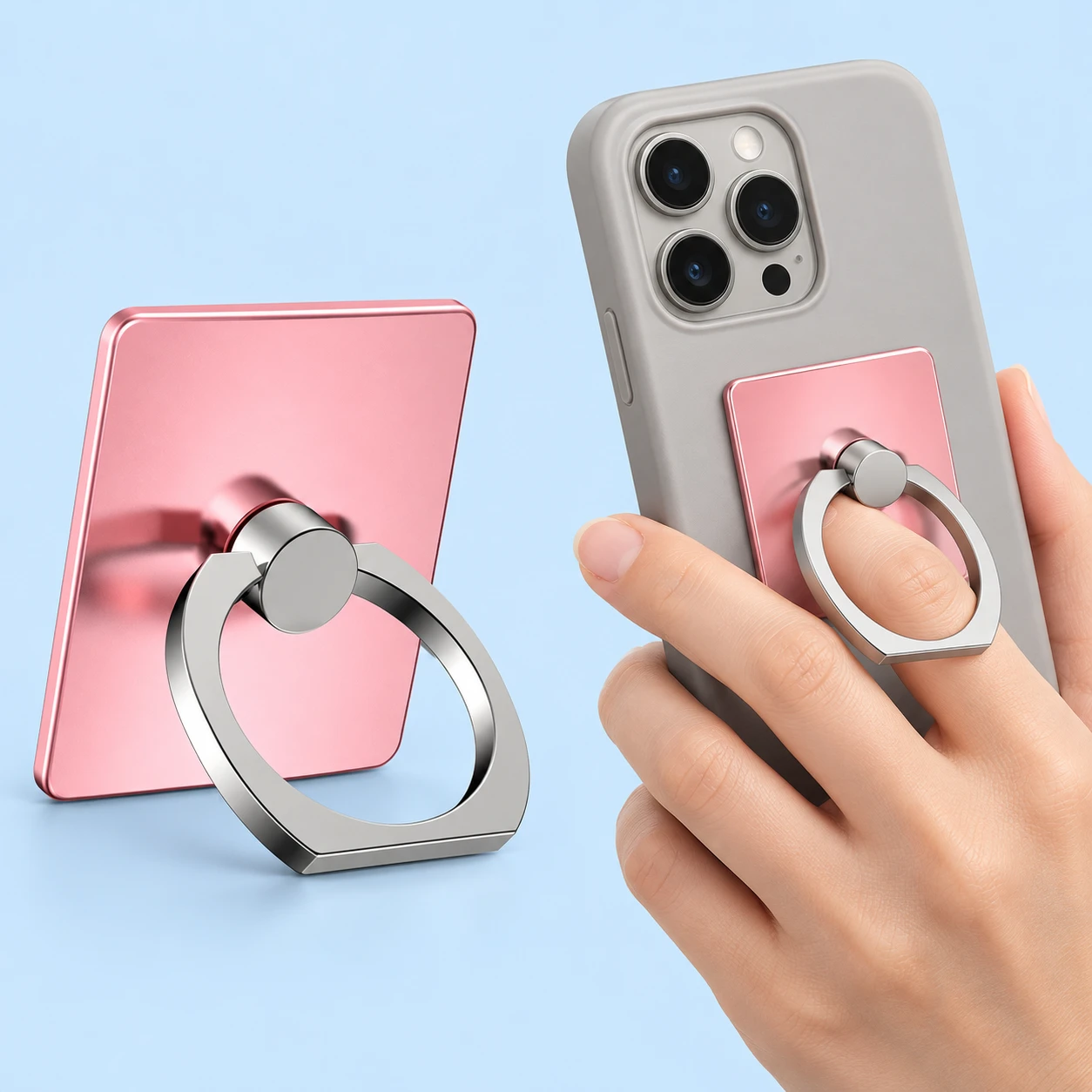Rose-pink square-backed phone finger ring with a single silver-tone loop, shown separately and in hand-supported phone use.