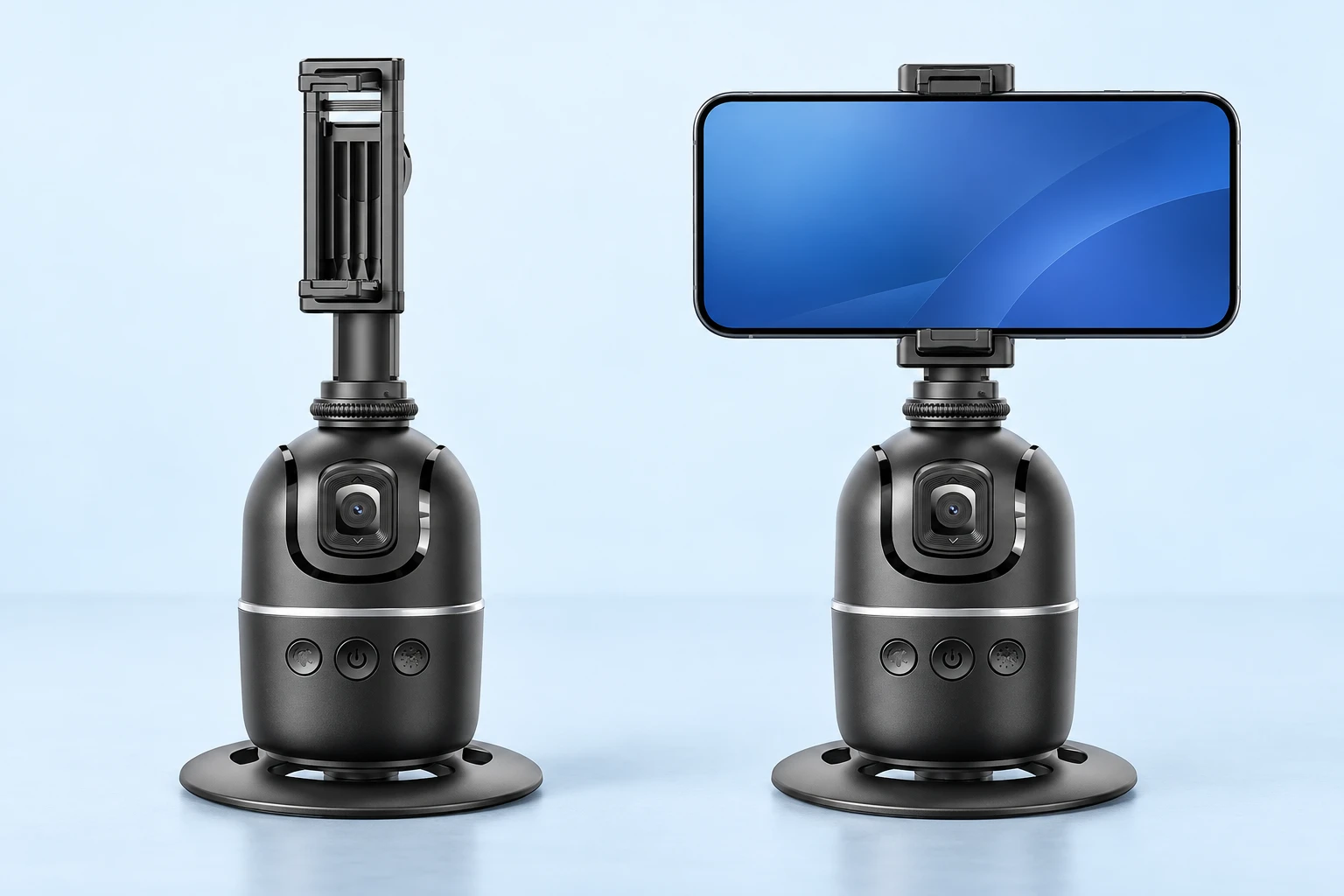Complete black domed desktop tracking phone holder at left, with its original clamp holding a landscape demonstration phone at right on pale blue; phone not included.