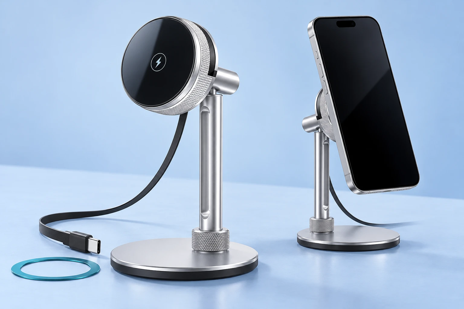 Silver Magnetic Charging Phone Stand with Retractable USB-C Cable photo